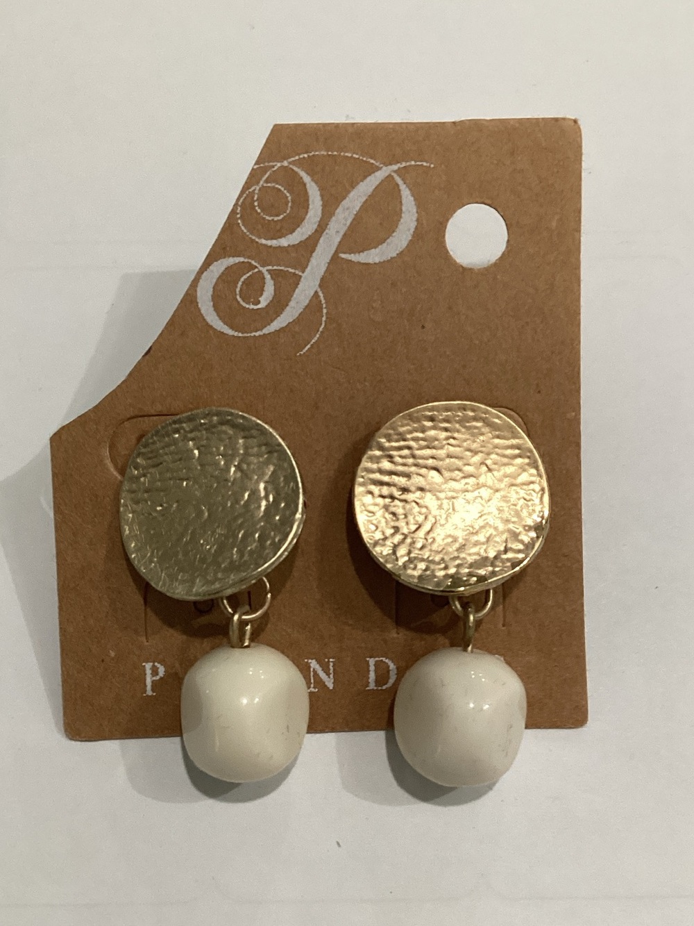 Plunder Gold Hammered‎ Disc Earrings with Ivory Drops